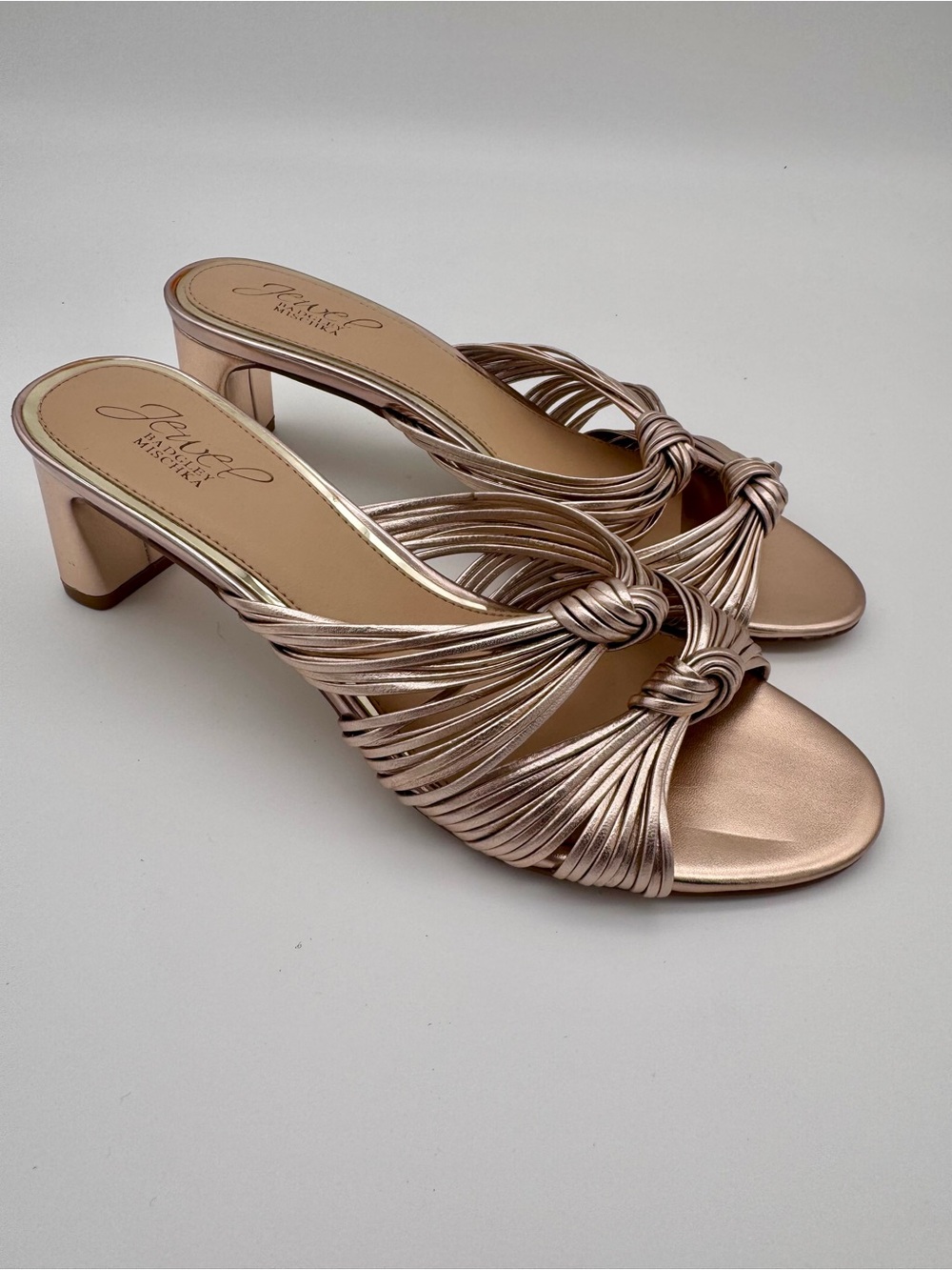 Jewel Badgley Mischka Cheryl Metallic Leather Block Heel Sandals Rose Gold 8 - Picture 3 of 15